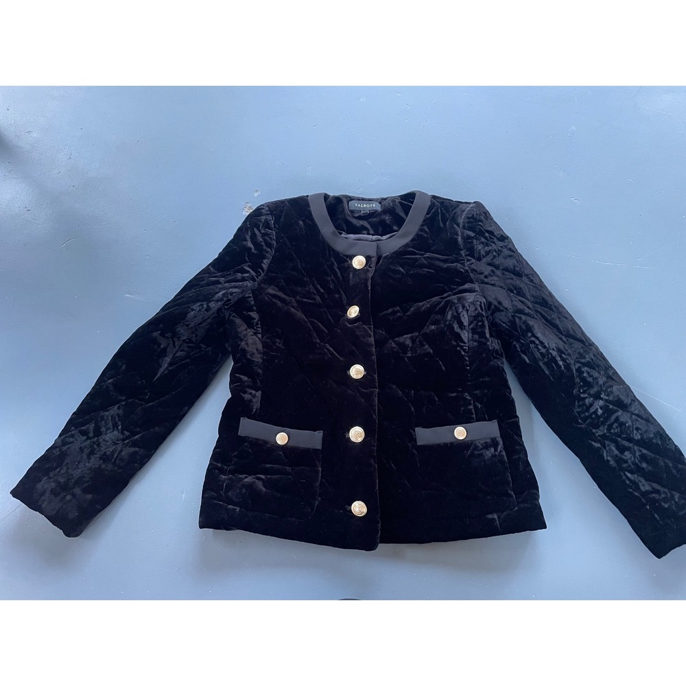 Talbots Black Quilted Velvet Jacket Gold Crest Button Collarless Small